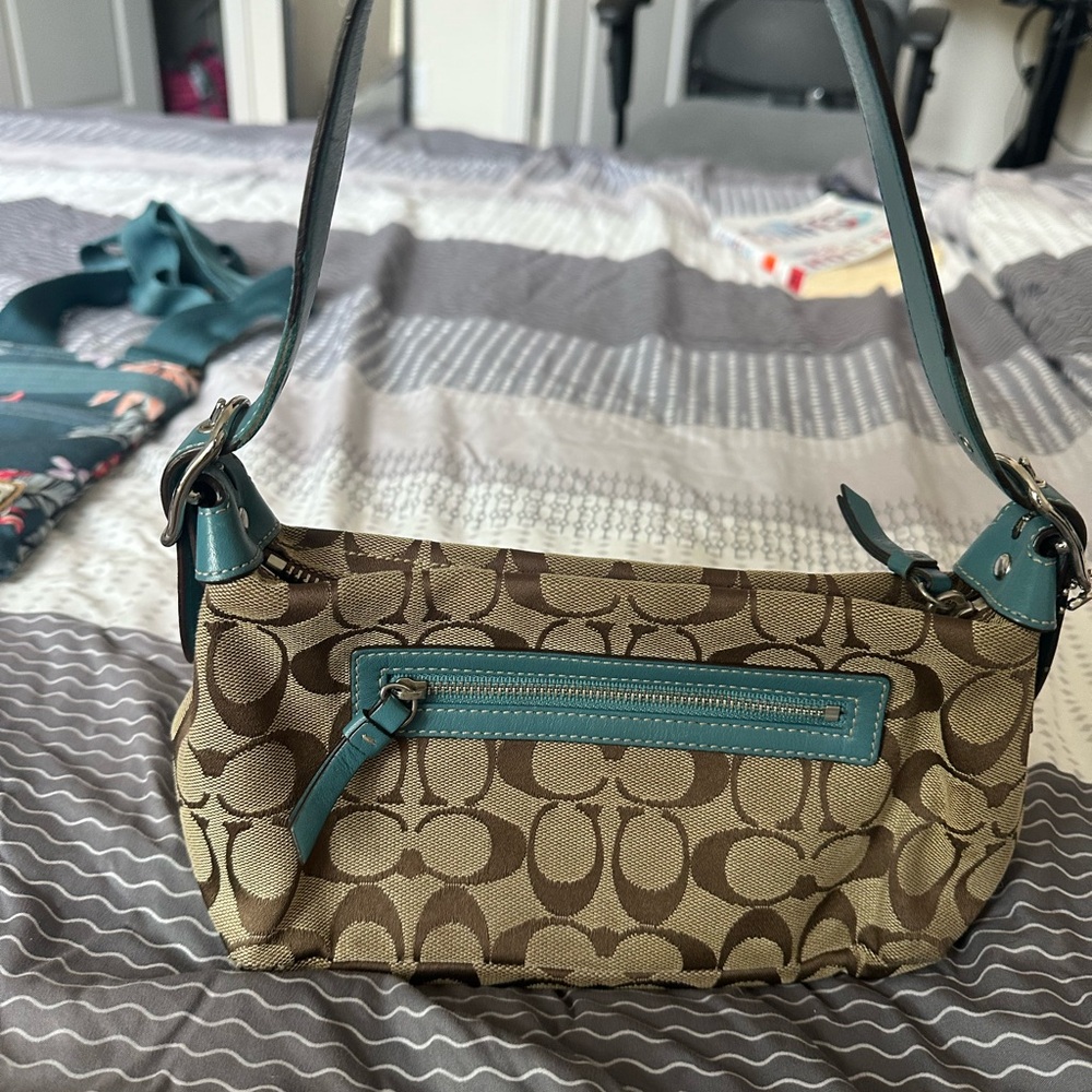 Coach Brown and Blue Shoulder Bag with Signature Style